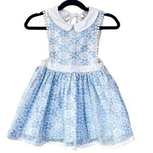 Brass Razoo White Blue Floral Lace Pinnie Pinafore Dress with Collar Size 3T